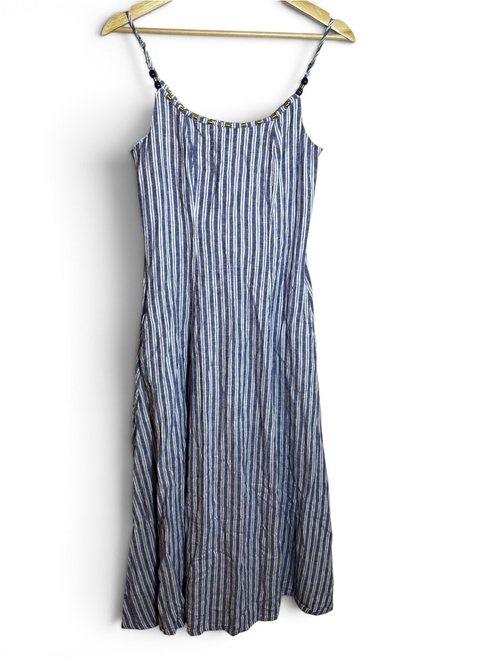Calypso St. Barth Dress Women S Blue White Stripe Linen Maxi Beaded Boho